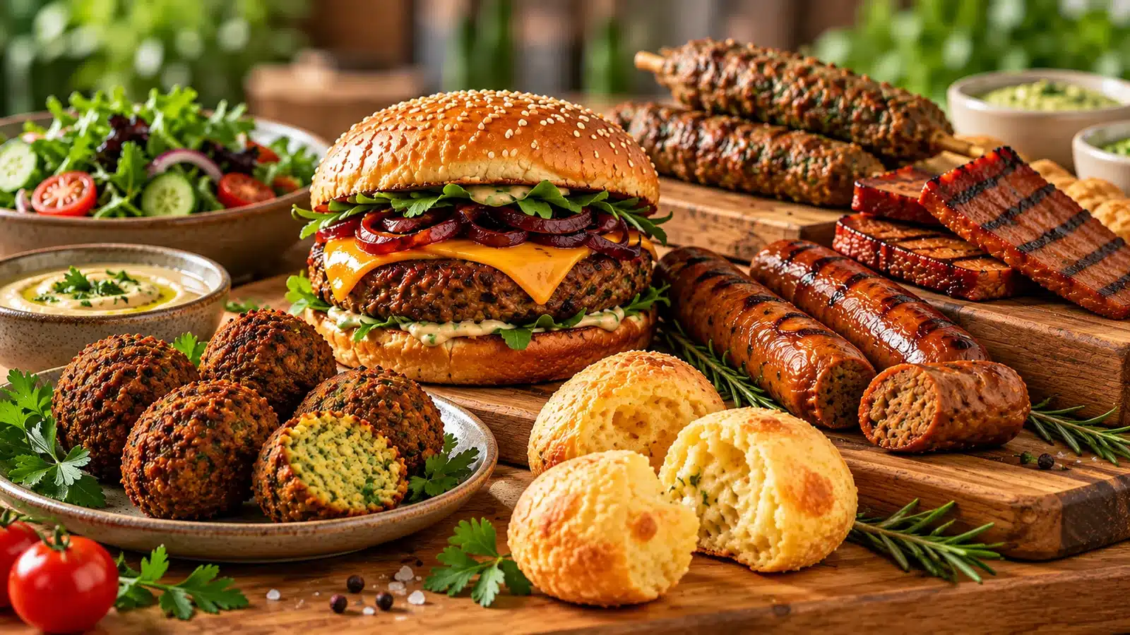 Hambúrguer vegano, linguiças vegetais grelhadas, falafel, kafta e pães de queijo veganos dispostos sobre tábuas de madeira, com salada e molhos.