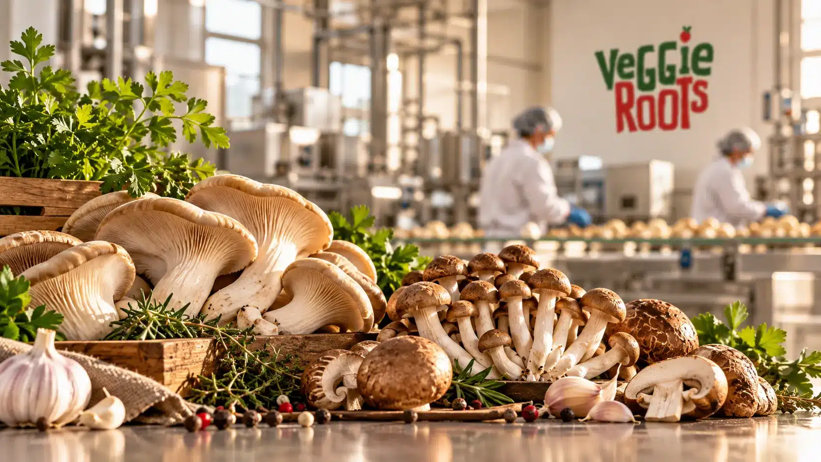 Ilustração de cogumelos frescos em primeiro plano, com ambiente de fabricação de alimentos ao fundo e logotipo da Veggie Roots.